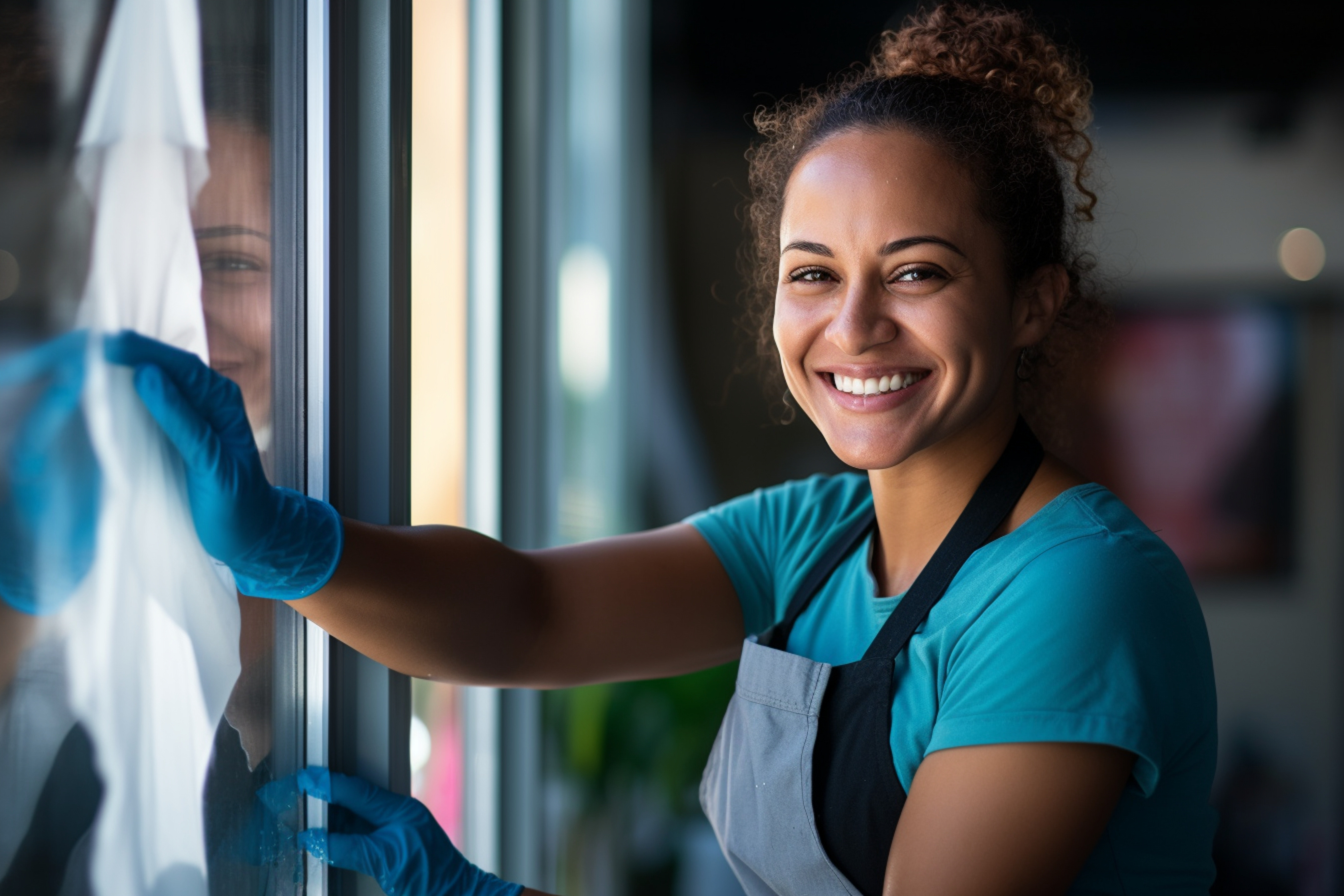 Professional cleaning team member smiling while cleaning windows